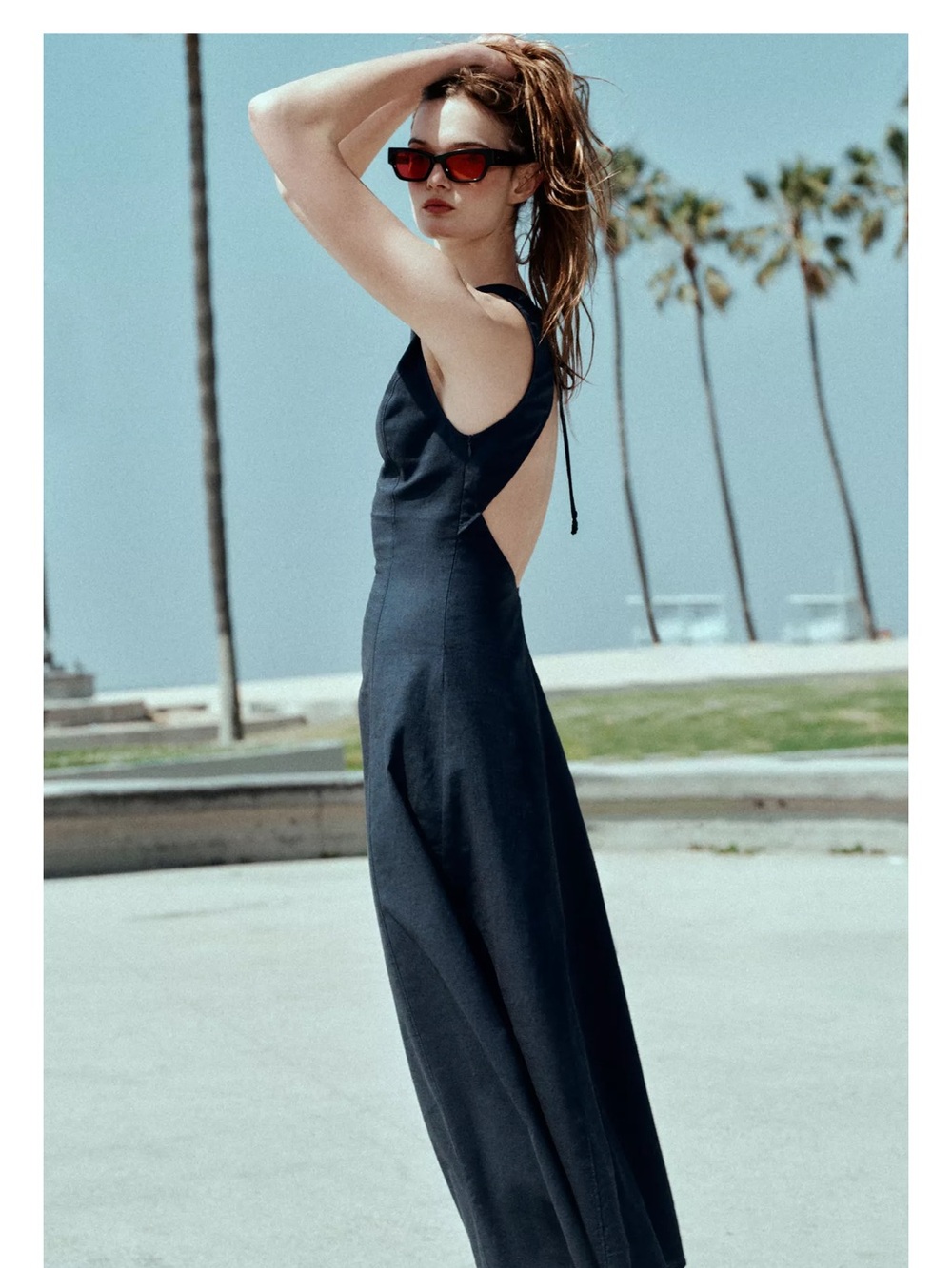 Zara Navy Open-Back Linen Maxi Dress